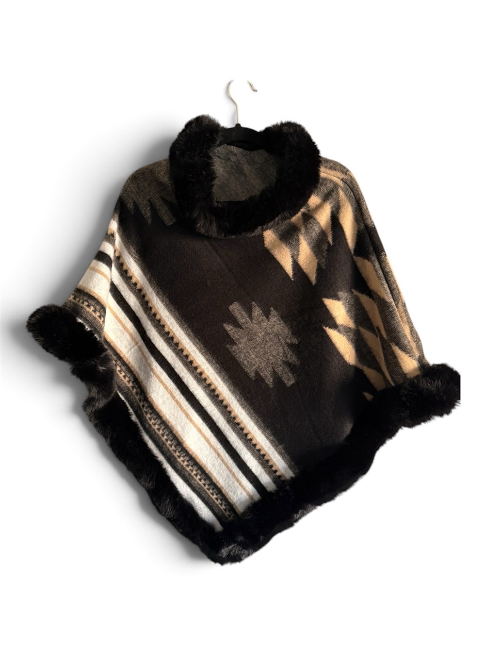 Faux Fur Trim Aztec Poncho Sweater in Black and Tan
